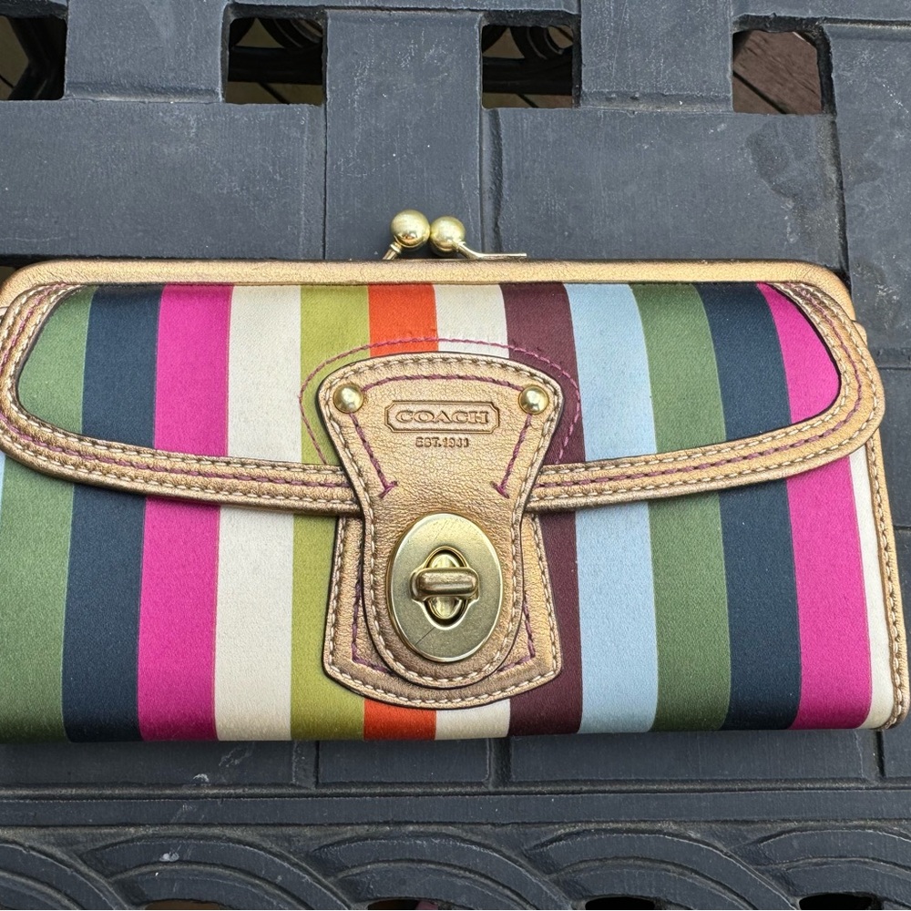 Coach Pink and Green Wallet with Turnlock Closure